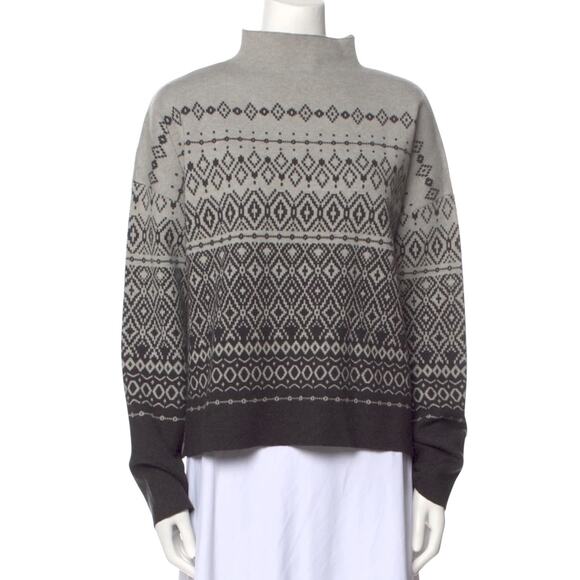 Joie Gray Black Mock Turtleneck Fair Isle Geometric Knit Pullover Sweater Sz XL - Picture 1 of 8